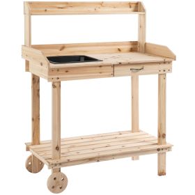Outsunny Potting Bench Workstation with Wheels Sink Drawer Natural Wood Large Storage