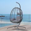 Foldable Hanging Egg Chair with Stand and Cushions, Outdoor Indoor Wicker Rattan Swing Chair with Headrest