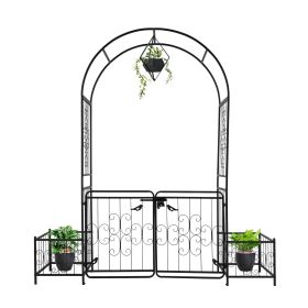 7.2FT Black Metal Garden Arbor with Arched Top Gate and Planter Boxes 16MM Tubing Iron Arch Trellis for Climbing Plants Outdoor Patio Lawn Backyard We