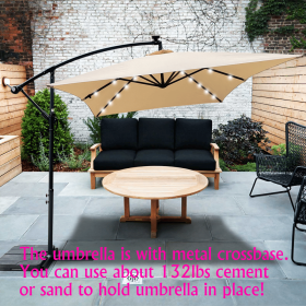 Rectangle 2x3M Outdoor Patio Umbrella Solar Powered LED Lighted Sun Shade Market Waterproof 6 Ribs Umbrella with Crank and Cross Base for Garden Deck