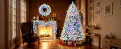 6FT Snow Flocked Christmas Tree, Pre-Lit Set with Tree & Garland & Wreath, Artificial Hinged Xmas Tree with Colorful LED Lights, 8 Lighting Modes
